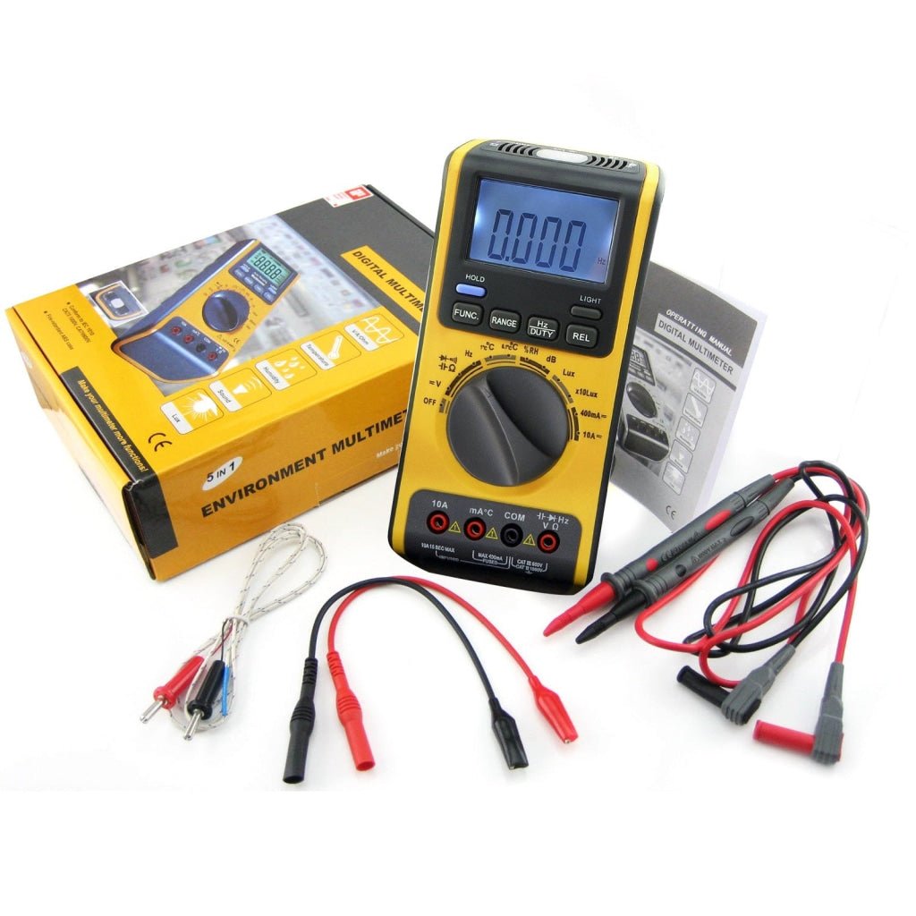 GVA-19 5-in-1 Multimeter with LUX, dB, °C, RH, AC, DC - Gain Express