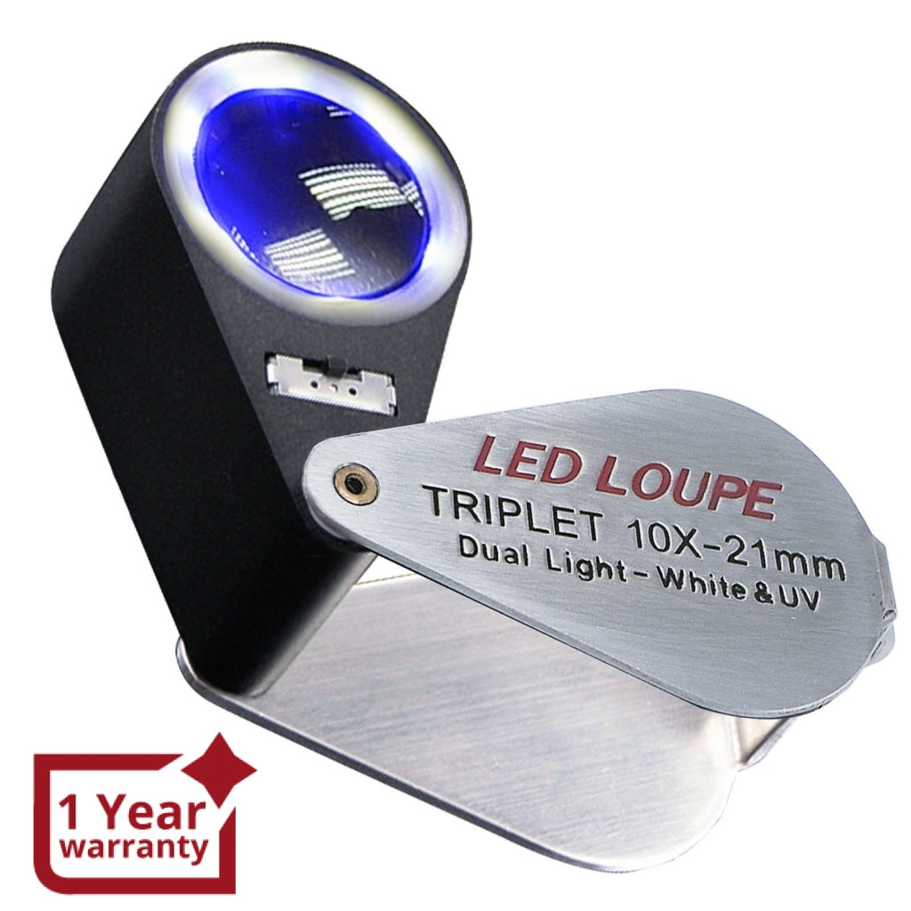 Jewelers Loupe Triplet Glass Lens 6 LED/UV Lighted , 21 mm, 10X,  Silver-Black - Eds Box & Supply Co.
