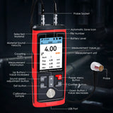 CTM-444 Professional Thickness Gauge Ultrasonic Thickness Meter Datalogger 1.0~300.0mm (0.03~11.8inches) Record 1500 Data MAX|MIN|AVE Reading Colored Screen for Steel, Metal, Ceramics etc. Measurement