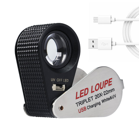 GEM-450 Jeweler Magnifier Loupe with 6 UV and LED Light 22mm Optical Triplet Lens, USB Rechargeable Mini Gem Tool