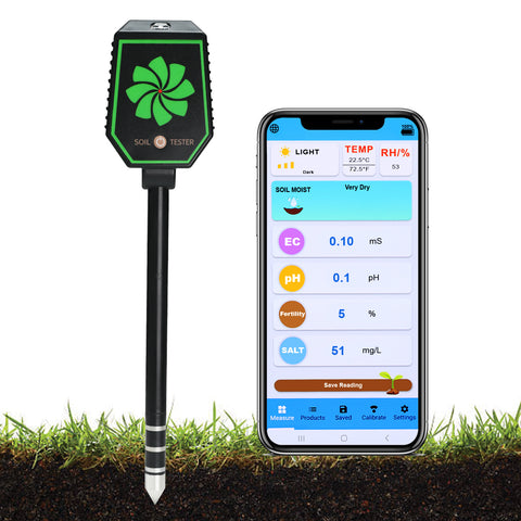 SQM-457 High Precision 8-in-1 PH EC Fertility Salt Temperature Soil Moisture Meter Smart Bluetooth Light Intensity Air Humidity Detector for Plant Health Monitoring