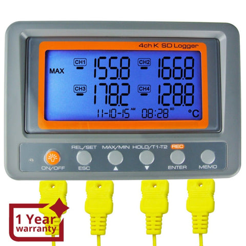 88598 88598 Digital 4 Channels K - type Thermocouple Thermometer SD Card Logger High / Low Alarm Big LCD Display - Gain Express