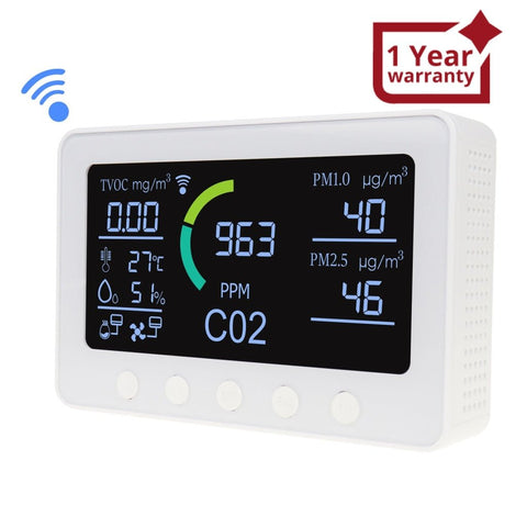 AQM - 345 AQM - 345 Smart Indoor Air Quality Monitor CO2 Meter, TVOC, Humidity, Temperature, PM2.5, PM1.0 with Relay Output APP Control Meter for Home Offices Schools - Gain Express