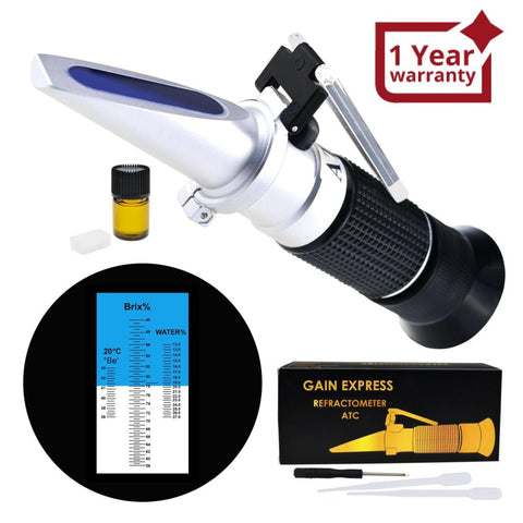 REB - 90ATC 3 - in - 1 Honey Refractometer Brix/Moisture/Baume Tester Meter ATC, Tri - Scale 58 - 90%/12 - 27%/38 - 43Be', Sugar Water Content Level Beekeeping Maple Syrup, Test Kit w/Calibration Oil & Block - Gain Express