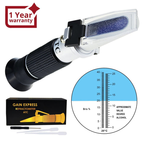 REW - 25BATC Grape Fruit Wine Alcohol Refractometer with ATC, Dual Scale 0 - 25% VOL 0 - 40% Brix, Handheld Optical Meter Tester for Sugar Glucose Wine Making Winemakers Homebrew Test Tool - Gain Express