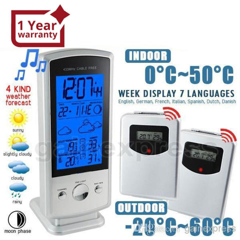 S08S613B_2S Indoor/Outdoor Wireless Digital Weather Forecast Station Humidity Temperature RCC Clock Calendar with 2 sensors - Gain Express