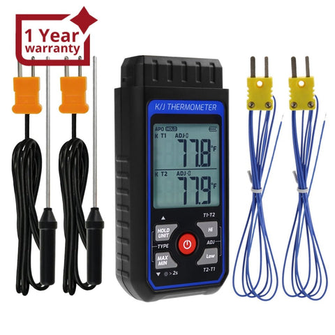 THE - 343 K/J Thermocouple Thermometer Dual Channel Temperature Meter Tester 4 K - Type Probes with Temperature Compensation and Alarm Function - Gain Express