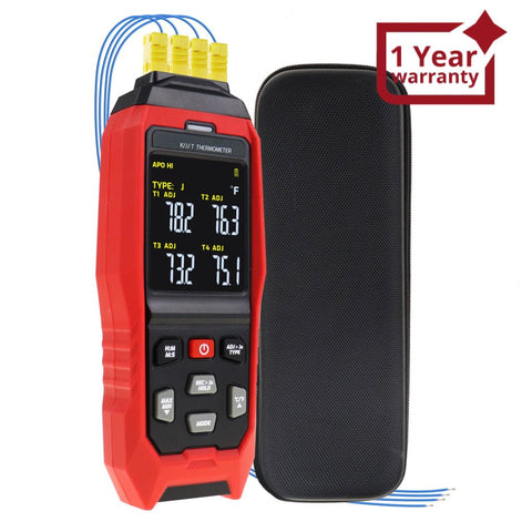 THE - 373 K/J/T Datalogger Thermocouple Thermometer - 200~1372°C ( - 328~2501°F), 4 - Channel Display, Real - Time Data Logging, Audible and Visible Alarm, and ADJ Compensation - Gain Express