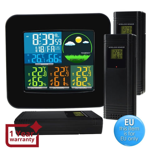 WEA - 47_EU Digital Weather Station RCC DCF with 3 Indoor/ Outdoor Wireless Sensors, with 6 kinds of Weather Forecast, Thermometer and Hygrometer, with Alarm Clock for Temperature and Humidity measurement, Low battery for Colored LED on LCD Display - Gain Express