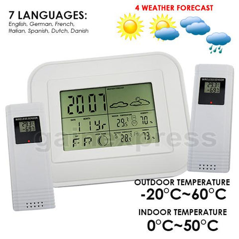 WS - 002 - 2S Wireless Weather Forecast Station Indoor/Outdoor Temperature Humidity RH RCC DCF Thermometer 2 sensors Moonphase Alarm - Gain Express